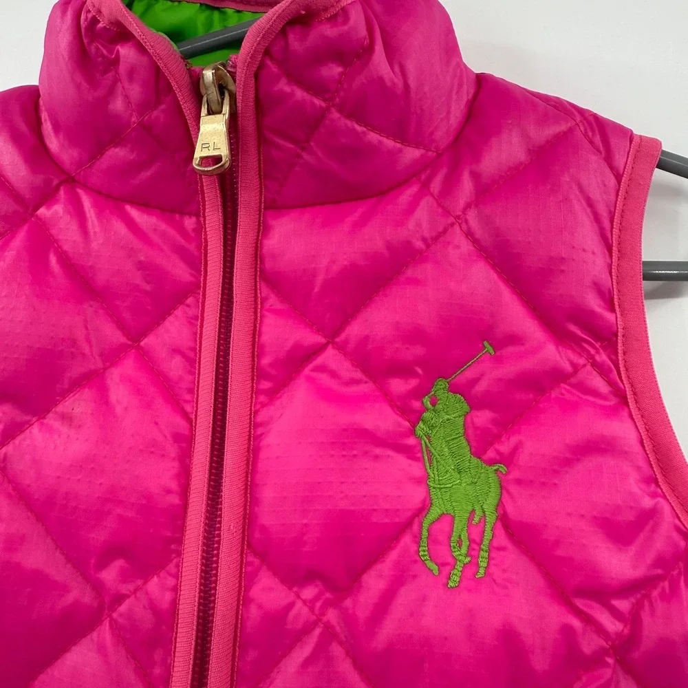 Ralph Lauren Girls Hot Pink Quilted Puffer Vest with Green Logo